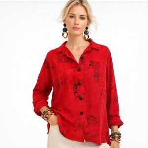 Chico’s Red Art Print Silk Linen Button Up Shirt Size M